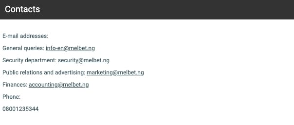 The list of Melbet Nigeria contacts